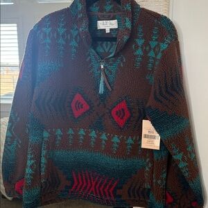Tasha Polizzi Brown and Teal Zip-Up Sweater